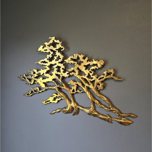 Brass Bonsai Wall Hanging Vintage Japanese Inspired MCM Gold Metal Tree Art - Picture 2 of 9